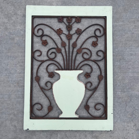 American Vintage Other - Rustic Mint Green Wood and Metal Floral Vase Wall Art Plaque Farmhouse Decor